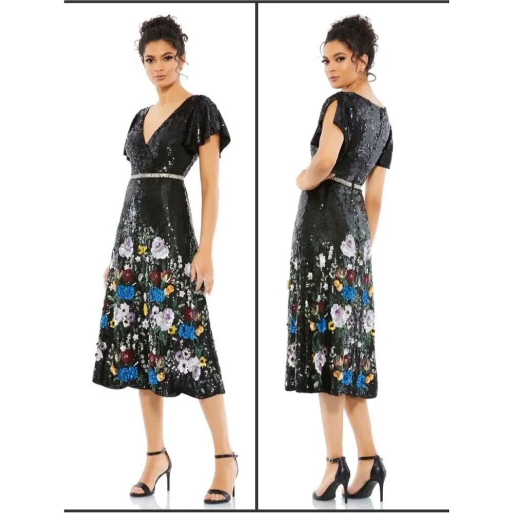 Mac Duggal Size 8 Black Floral Sequin Plunge V Neck Midi Dress Gown